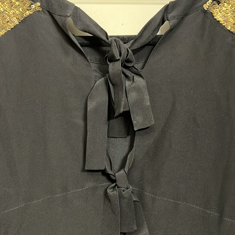 Madewell Black Silk & Gold Sequin Shoulder Accent Back Ribbon Cutout Dress - Picture 11 of 12